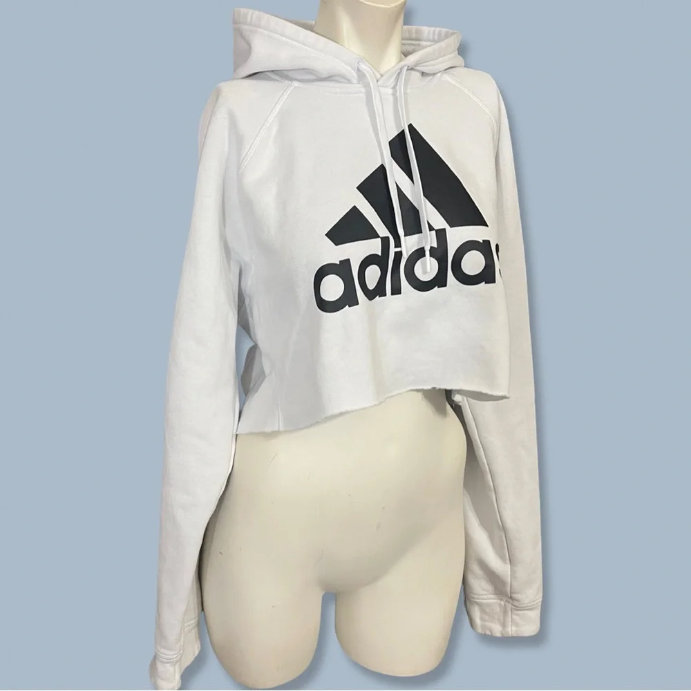 Adidas white cropped hoodie with black graphic logo M - Picture 2 of 5